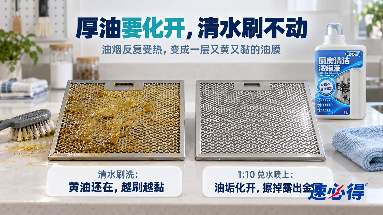 示意图：速必得厨房清洁浓缩液——白色测试台上并排放着两块同样的金属油网样块，都糊着一样的黄色黏油垢，标题“厚油要化开，清水刷不动”