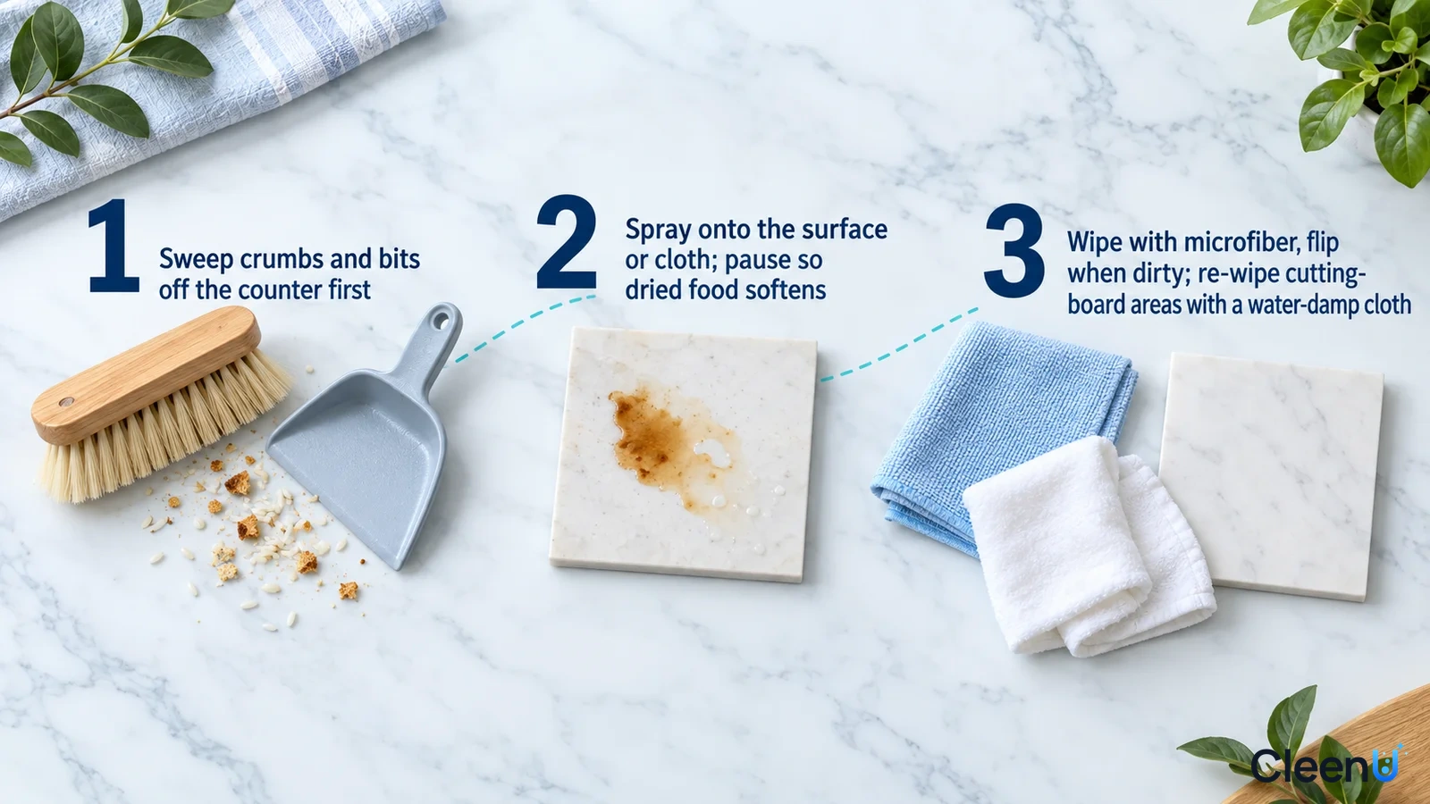 Illustrated numbered steps with a hand brush, a dustpan containing crumbs, counter samples and blue and white cloths.