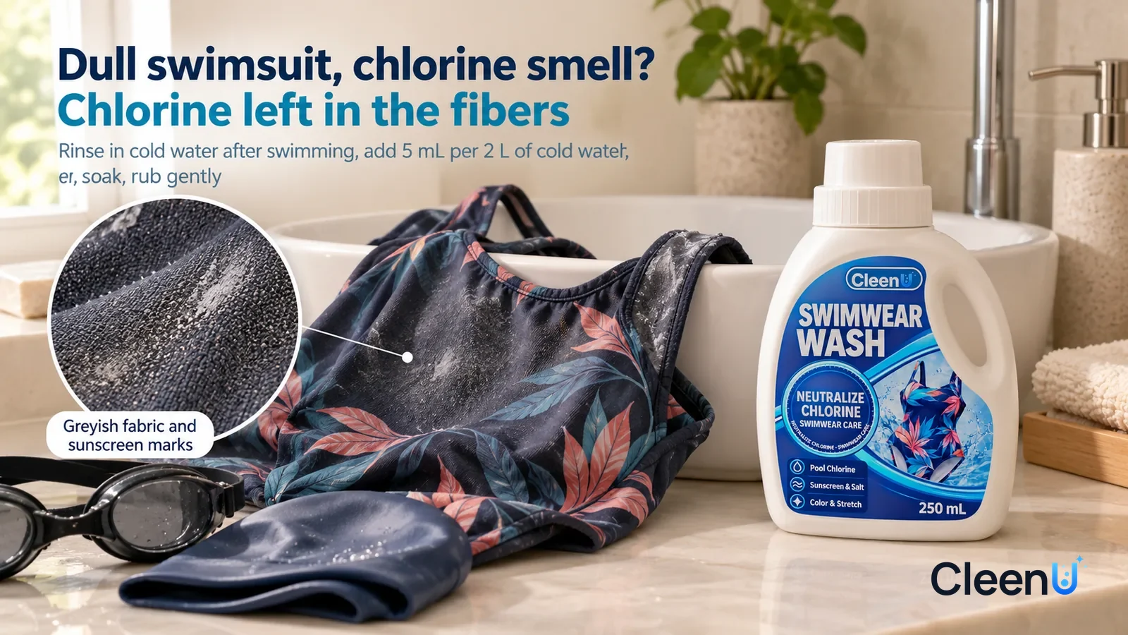 Illustration: CleenU Swimwear Wash — An everyday bathroom vanity just after a swim, a dark printed one-piece swimsuit (no brand marks) draped over the edge of a white wash basin Headline: "Dull swimsu