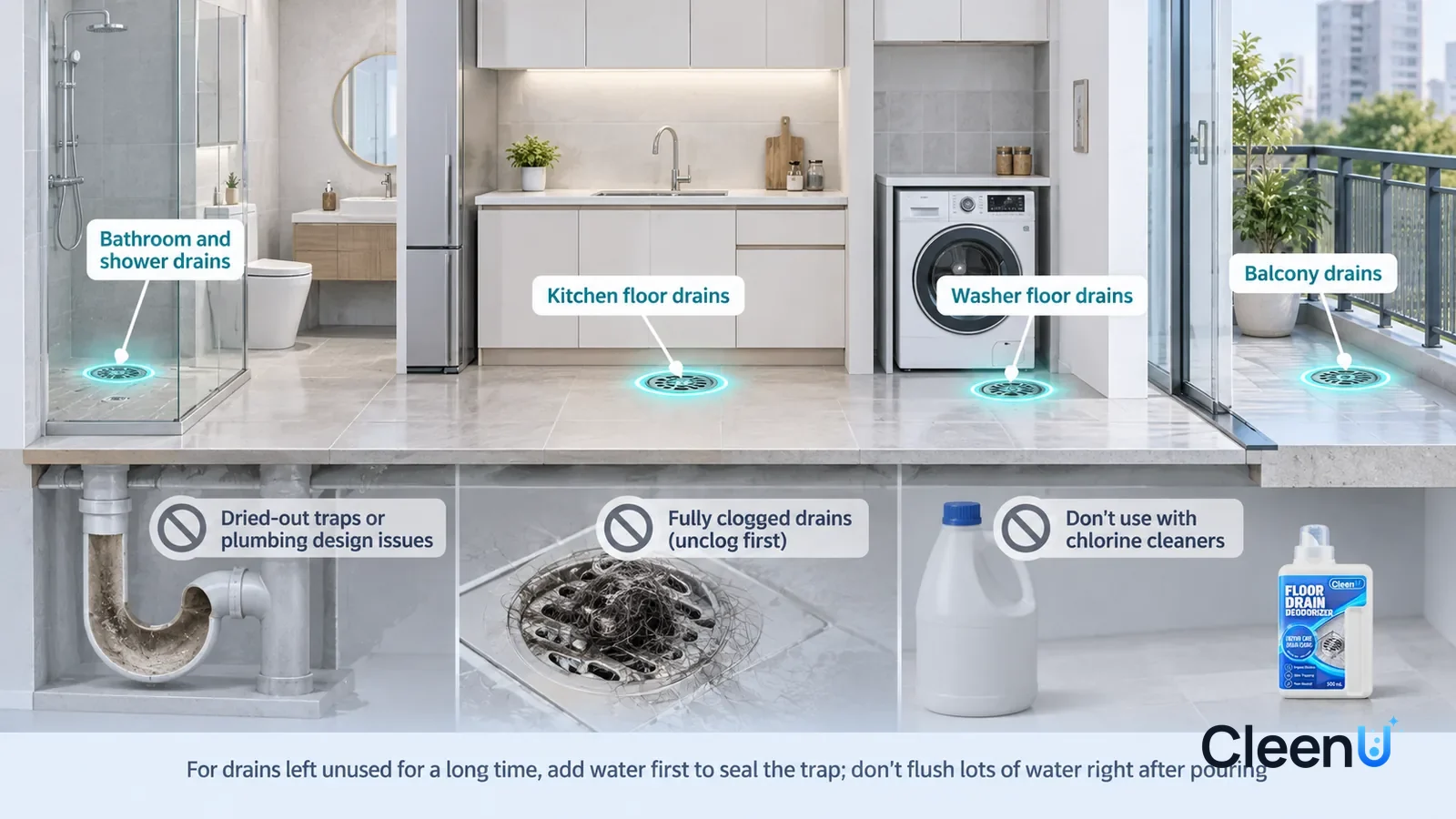 Illustration: CleenU Floor Drain Deodorizer — A realistic 3D cutaway of a bright home's bathroom, kitchen, and balcony laundry area, one continuous space from one viewpoint