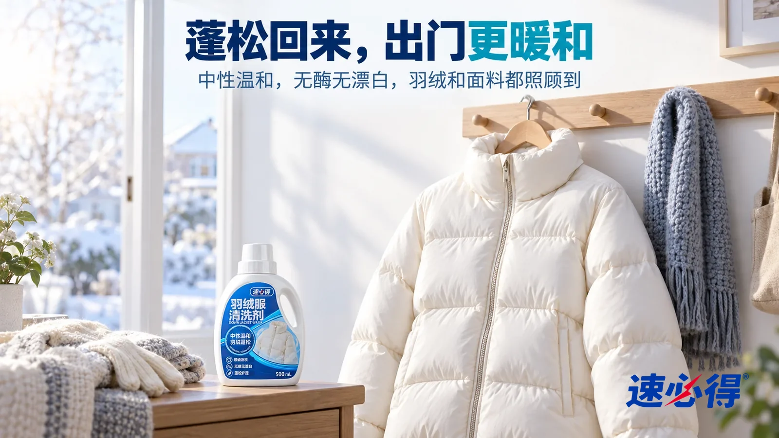 示意图：速必得羽绒服清洗剂——冬日清晨明亮的玄关，一件没有任何品牌标志的浅色羽绒服蓬松地挂在木衣架上，绗缝格饱满，旁边一条针织围巾，窗外柔和的冬日阳光斜照进来，标题“蓬松回来，出门更暖和”