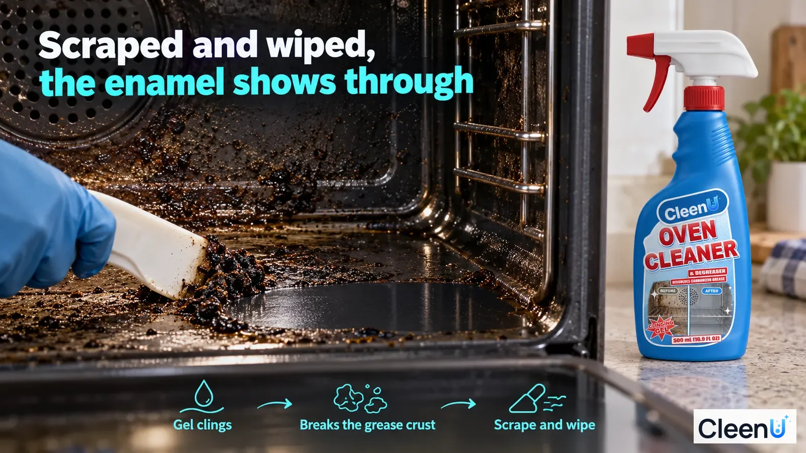 Illustration: A gloved hand scraping burnt-on grease inside an oven.