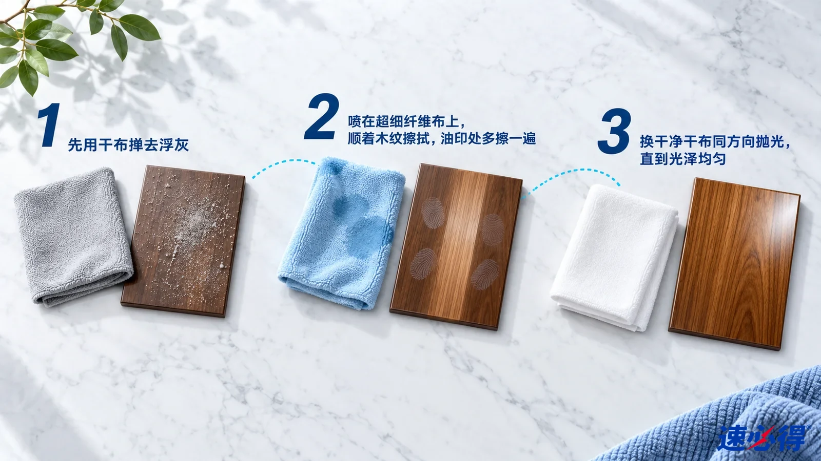 示意图:带深色污迹的木材样片与灰、蓝、白清洁布,配有编号步骤。