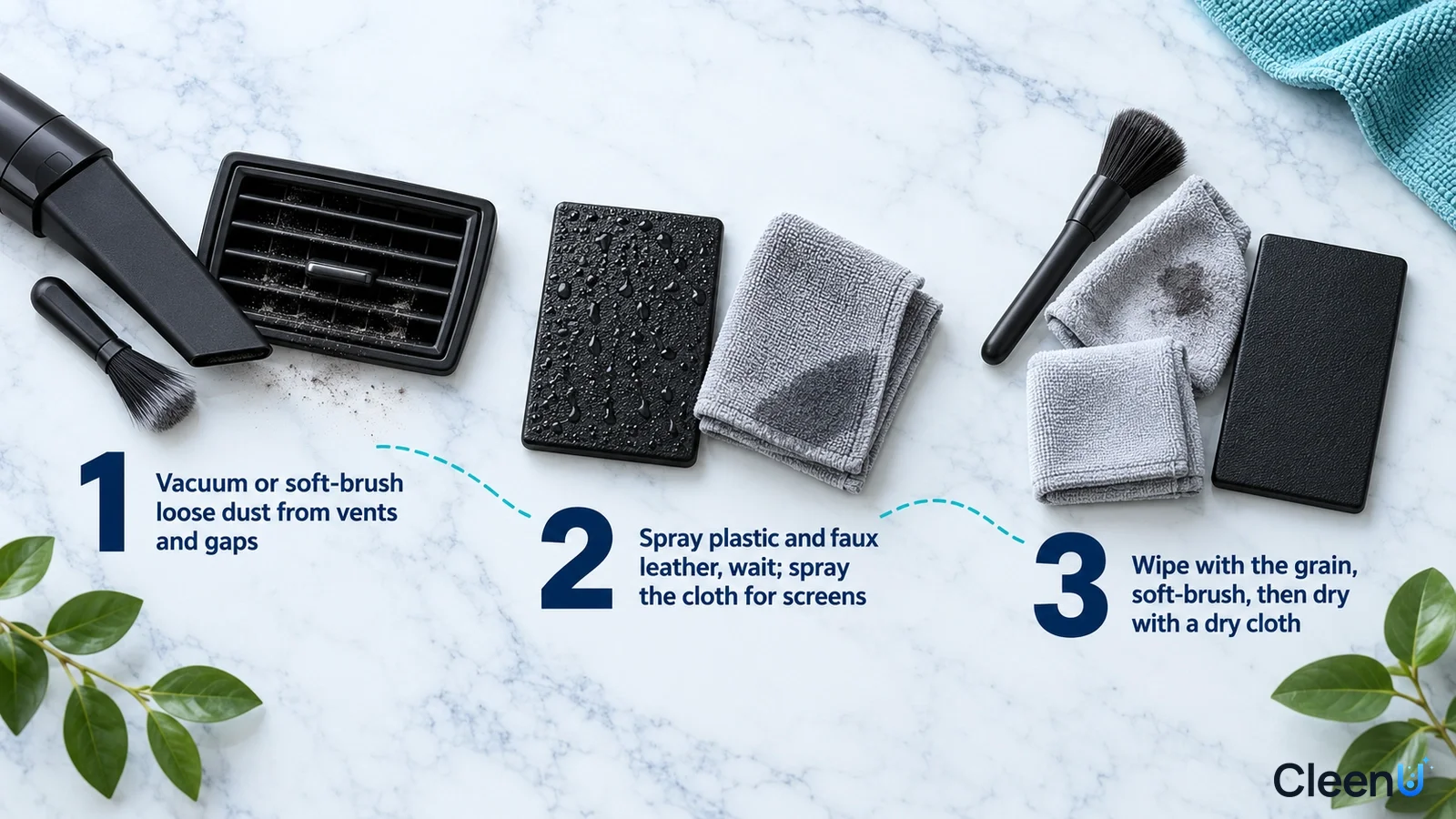 Illustration: An air vent, hand brush, black textured samples and gray and blue cloths with numbered steps.