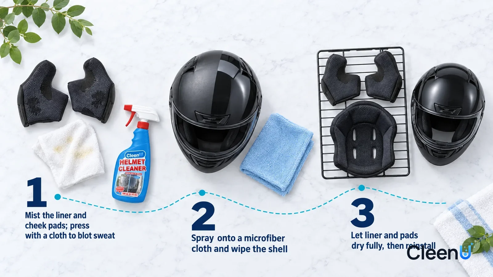 Illustration: CleenU Helmet Cleaner — an overhead shot straight down onto a light marble tabletop, no hands: (1) a removed pair of black mesh cheek pads