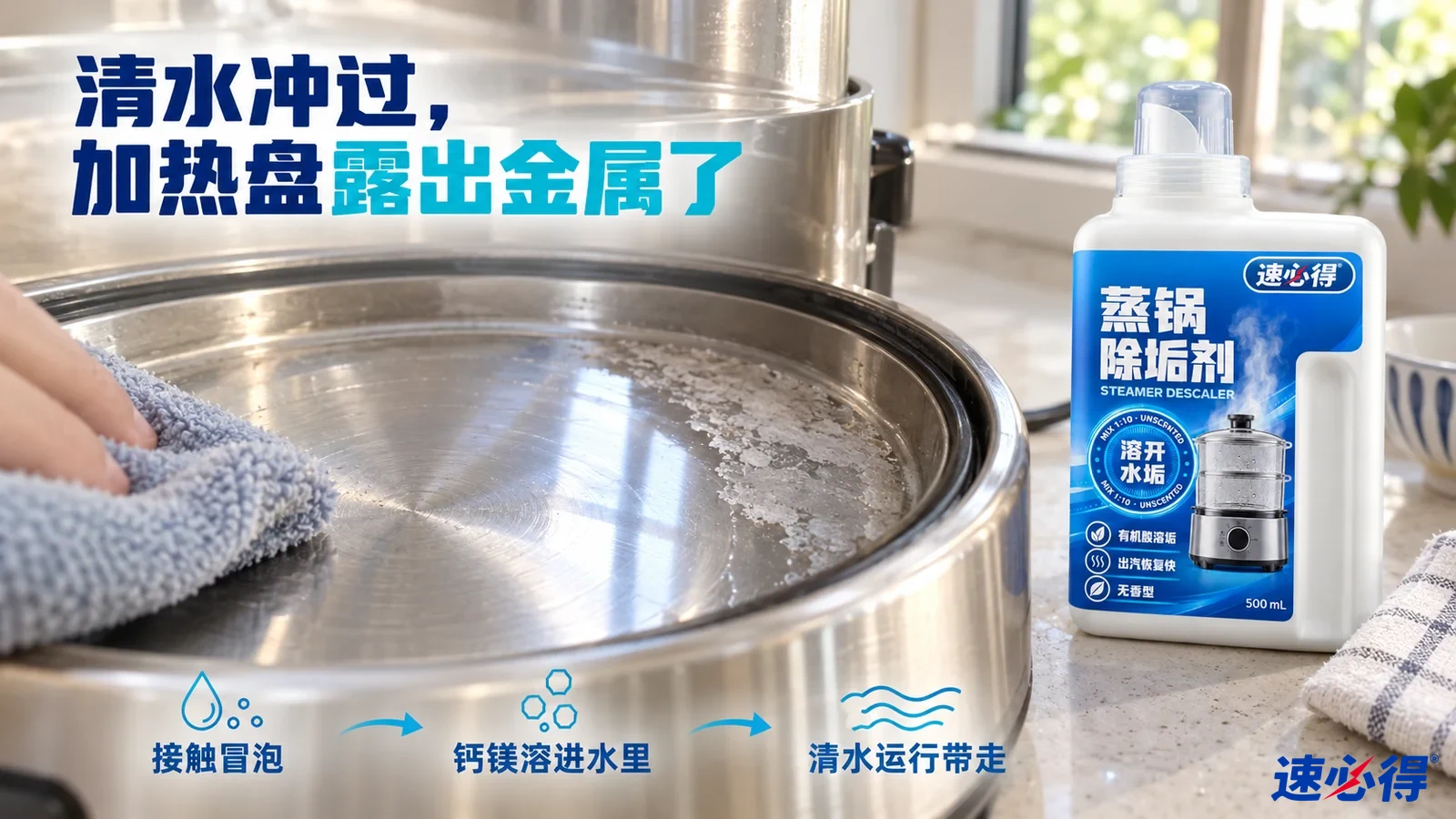 示意图：手持蓝灰布擦拭金属蒸锅加热盘，旁有白色除垢剂瓶。