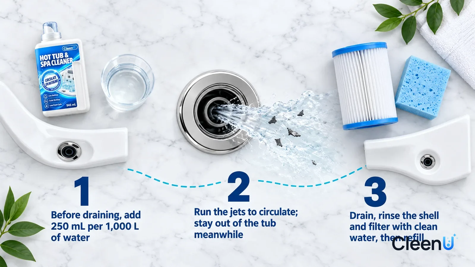 Illustration: CleenU Hot Tub & Spa Cleaner — an overhead shot straight down onto a light marble tabletop, no hands: (1) a separate clear measuring cup holding a little clear liquid (no