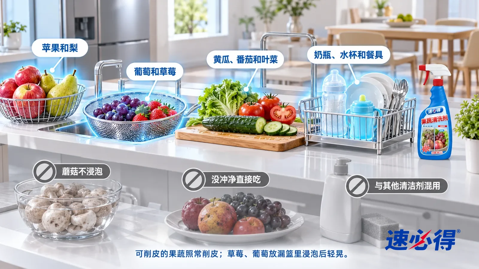 示意图:速必得果蔬清洗剂——一张写实 3D 剖面实景图,一套明亮的家的厨房和餐厅区域,连续空间、一个视角,不出现瓶子:一篮苹果和梨、漏篮里的葡萄和草莓