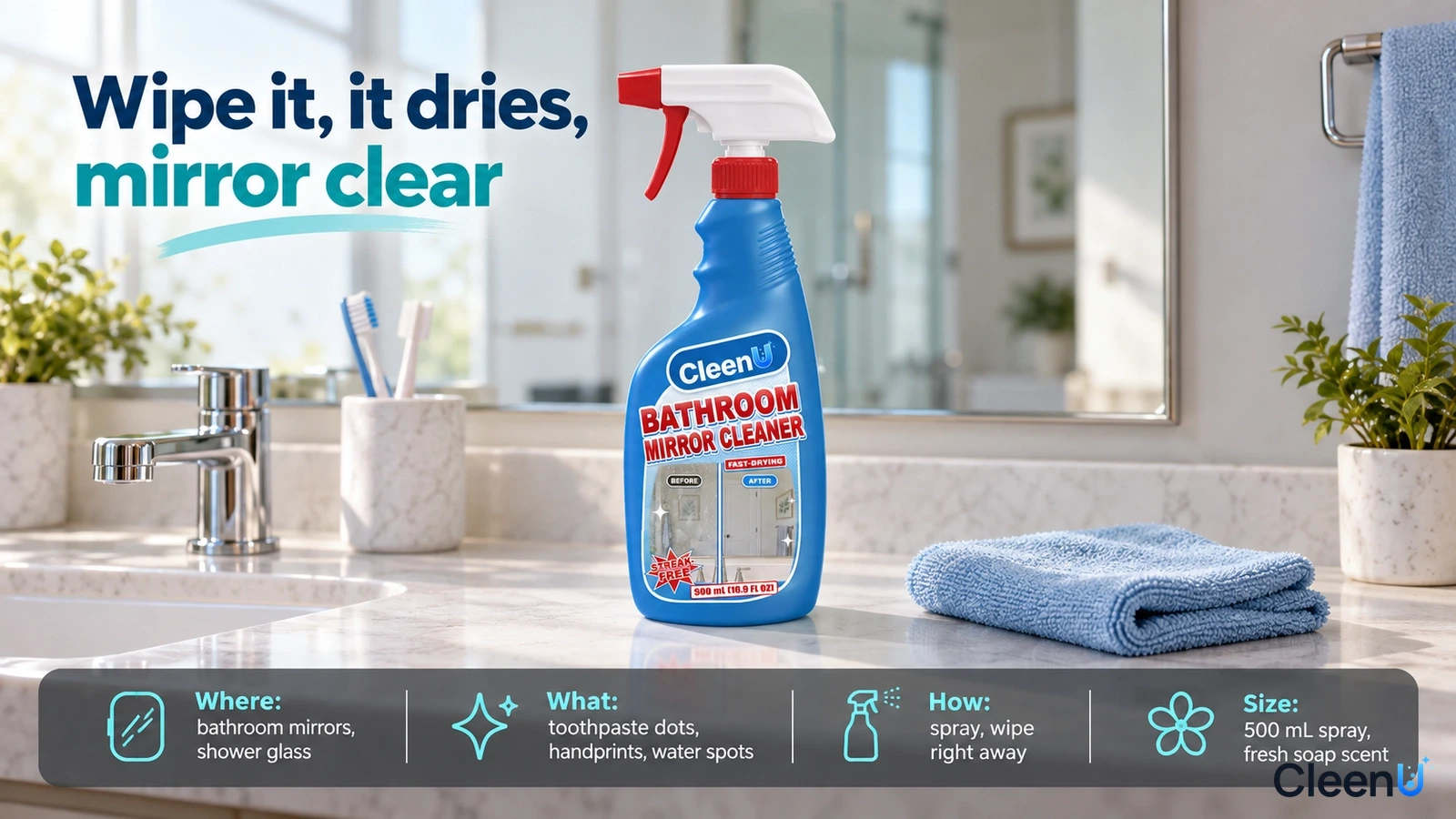 Illustration: A blue bathroom mirror cleaner bottle and folded blue cloth on a vanity.