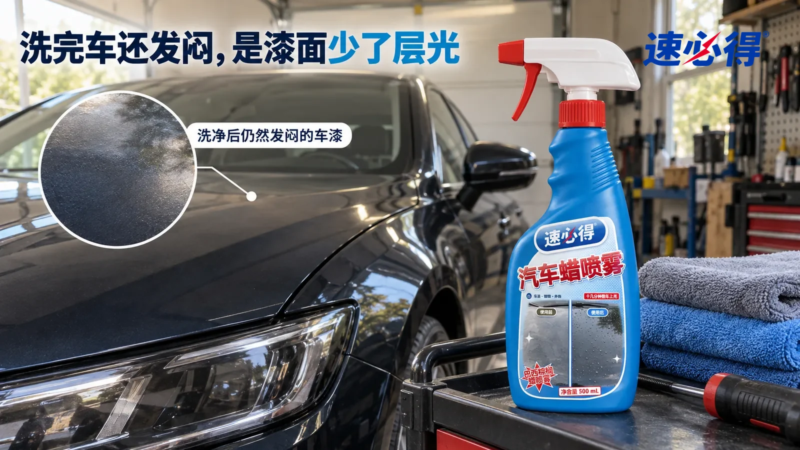 示意图：速必得汽车蜡喷雾——一个家常车库，一辆刚洗净擦干的深色轿车（无车标、不露车牌）停在里面，柔和侧光斜照，引擎盖车漆光泽偏暗