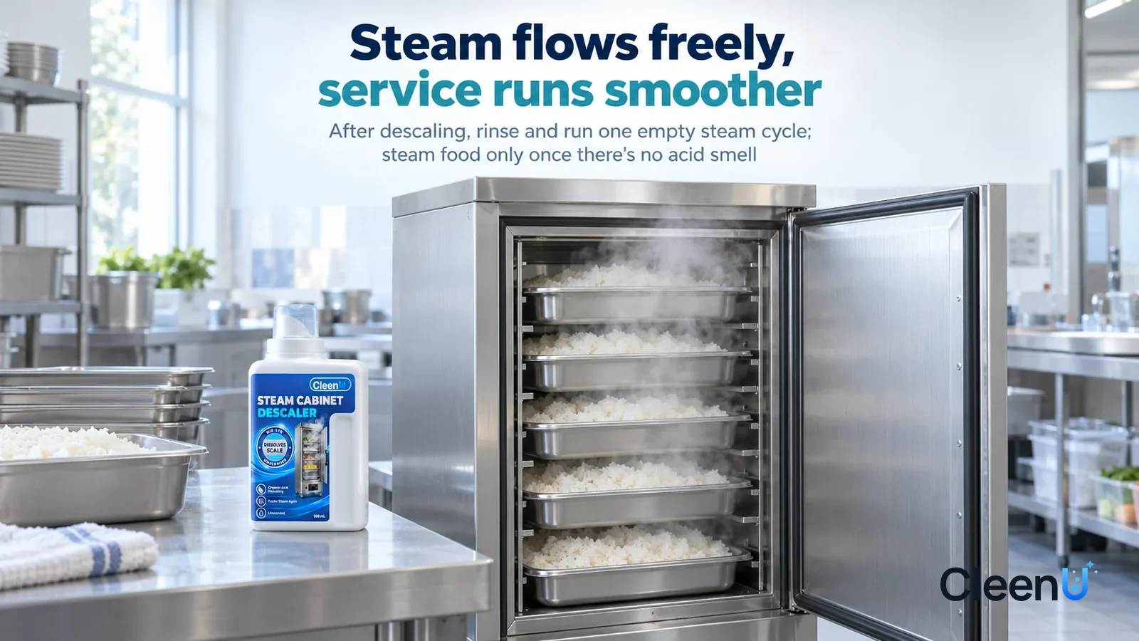 Illustration: CleenU Steam Cabinet & Combi Oven Descaler — A bright early-morning cafeteria back kitchen, a stainless-steel commercial rice steamer cabinet (no brand marks) with its door open Headline