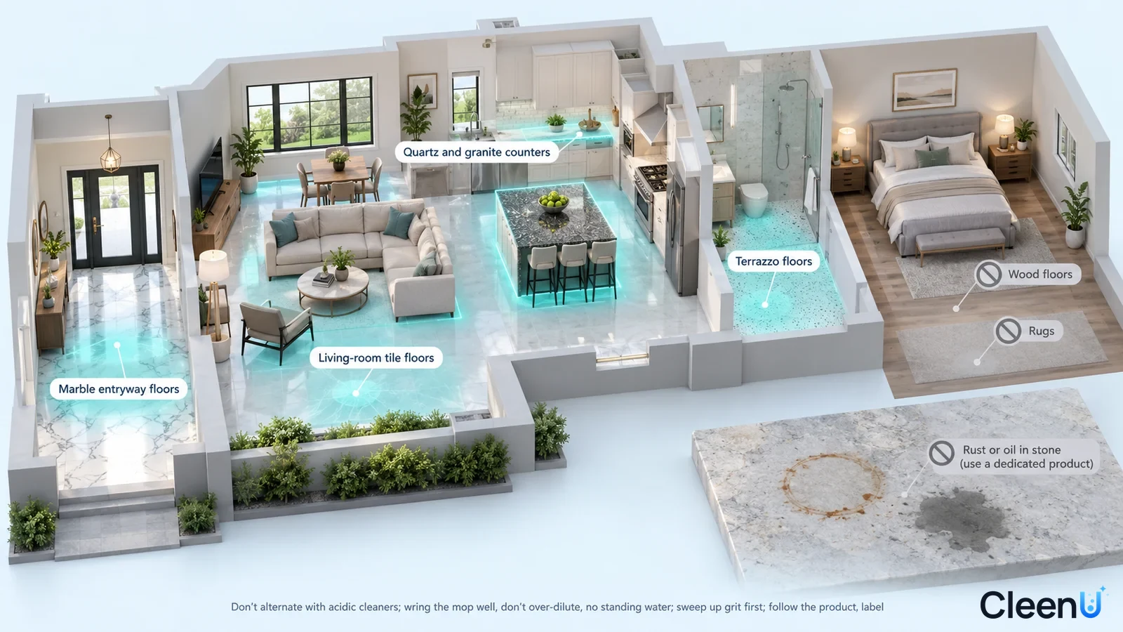 Illustration: Highlighted stone and tile floors, counters and walls in a home beside material precautions.
