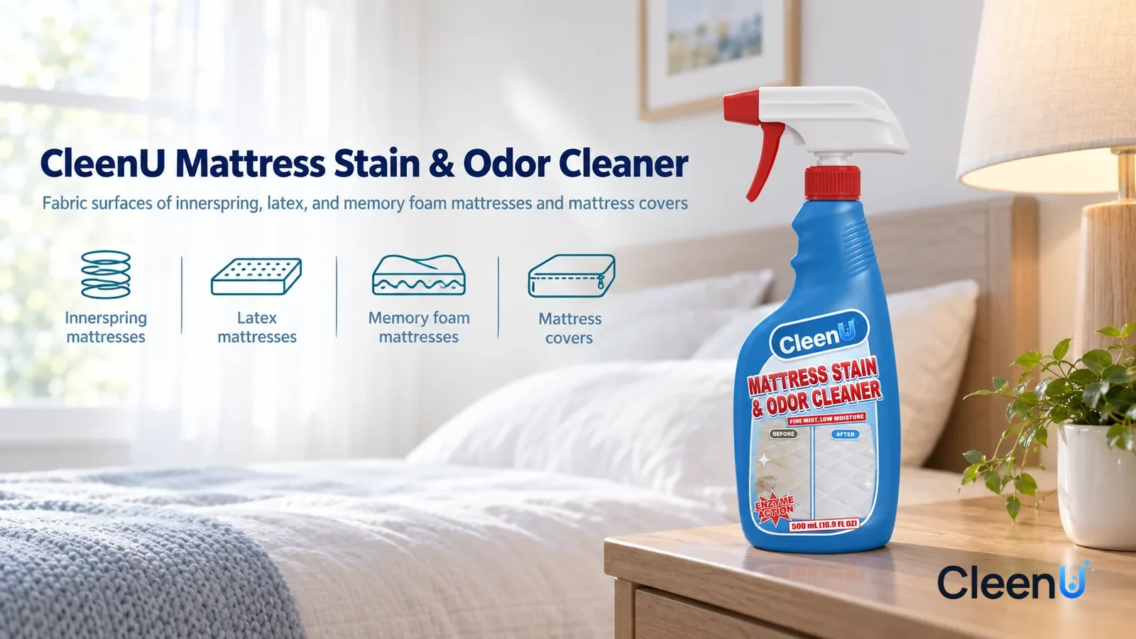 Illustration: CleenU Mattress Stain & Odor Cleaner — A bright, clean bedroom, the bed made with smooth white sheets, soft window light, a lamp at the head of the bed