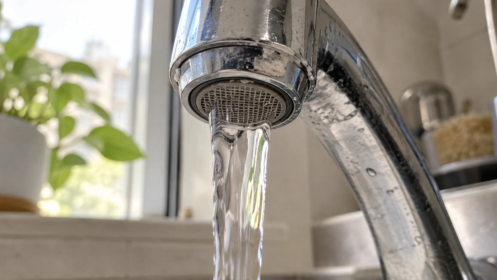 Illustration: A chrome faucet outlet and water flowing into a sink.