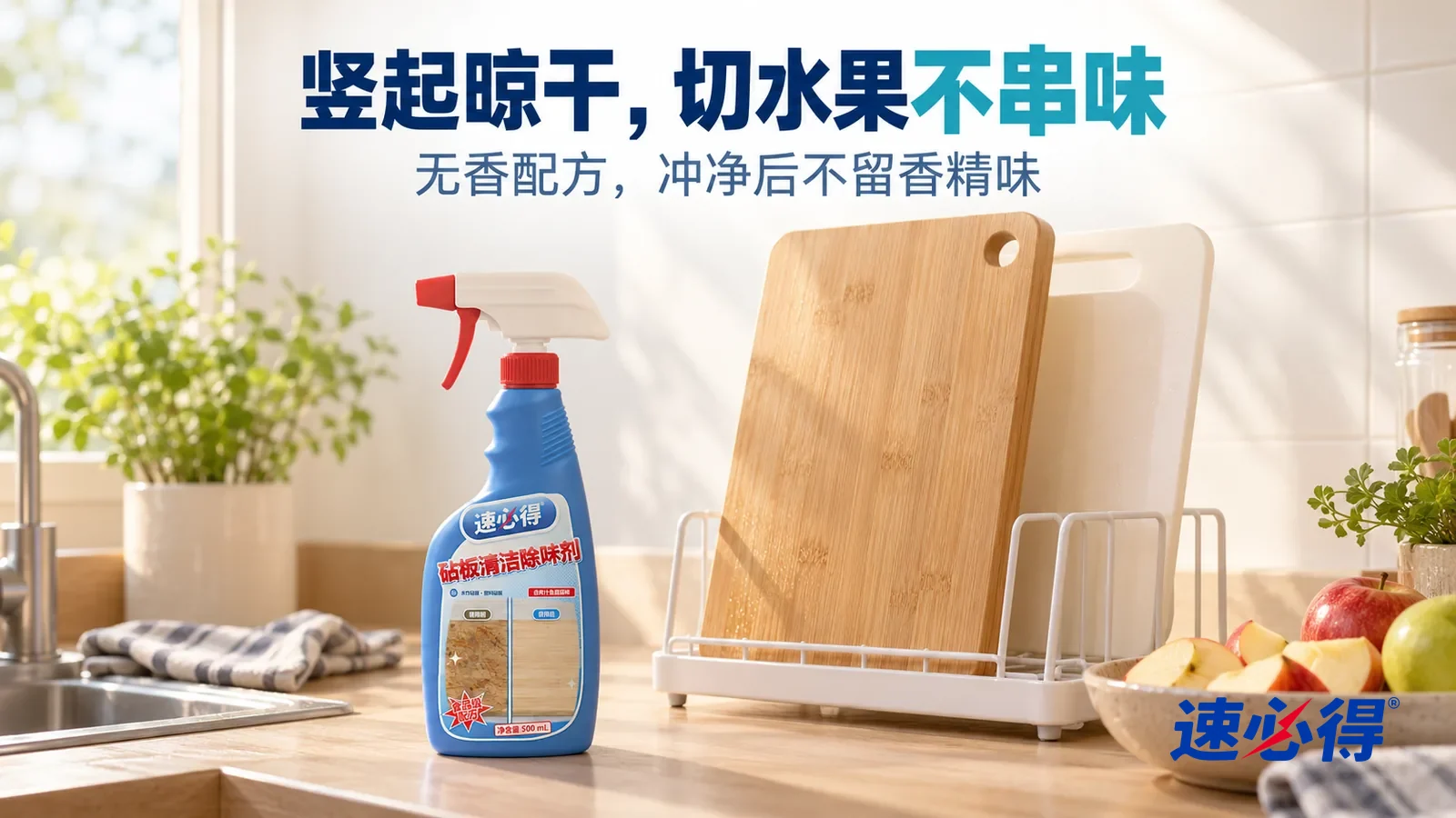 示意图：速必得砧板清洁除味剂——午后明亮的厨房窗边，一块干净的竹砧板竖着靠在沥水架上通风晾干，旁边一块浅色塑料砧板，台面上一只果盘里放着切好的苹果，柔和窗光斜照进来，标题“竖起晾干，切水果不串味”