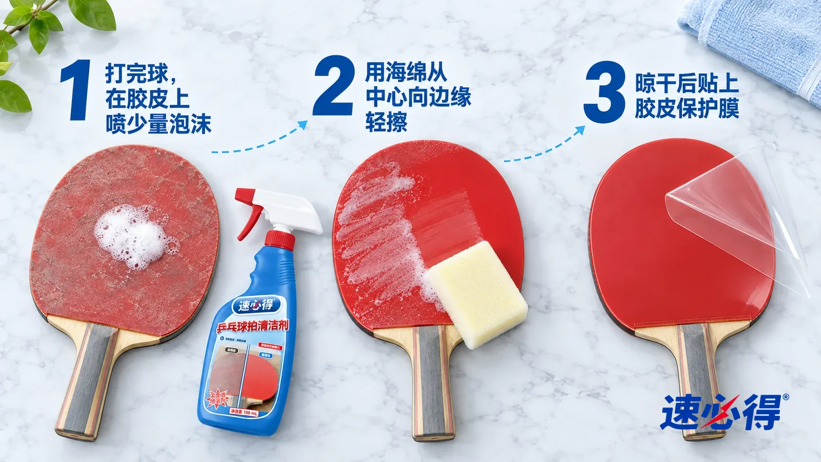 示意图：速必得乒乓球拍清洁剂——① 一只胶面发灰的红色反胶球拍平放着，胶面中心一小团细密的白色泡沫，球拍没有品牌标志；② 一块浅色清洁海绵和球拍胶面上从中心向边缘擦过的几道