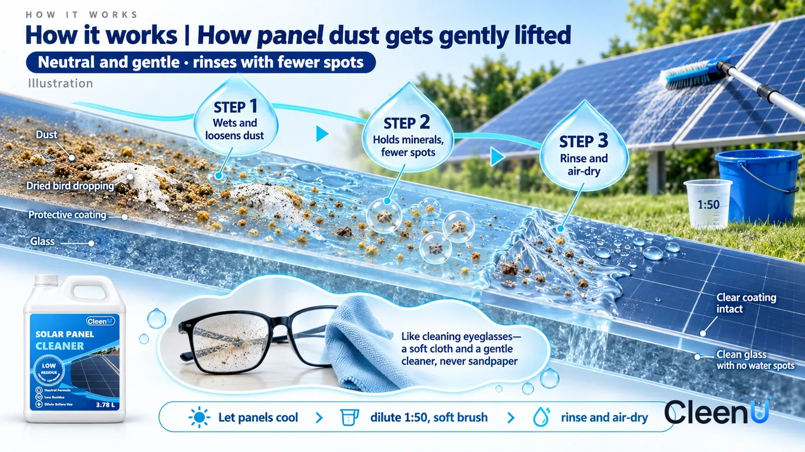 Illustration: CleenU Solar Panel Cleaner — use one backyard with waist-high ground-mounted panels, dark-blue cells and silver grid lines