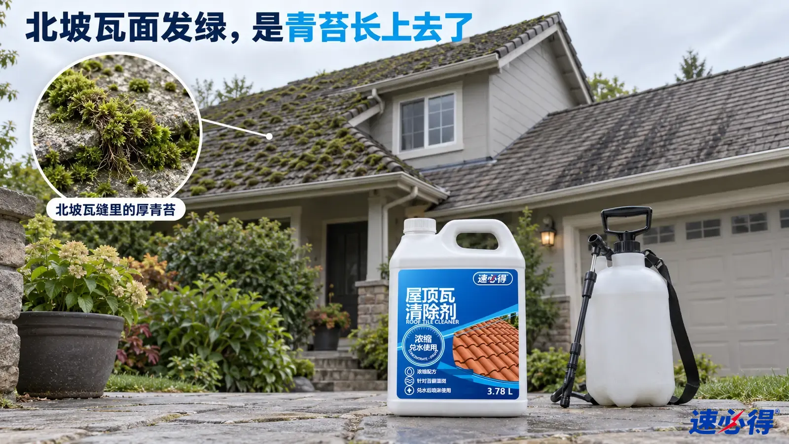 示意图：住宅屋顶瓦片上的绿色苔藓、白色清洁剂桶和压力喷壶。