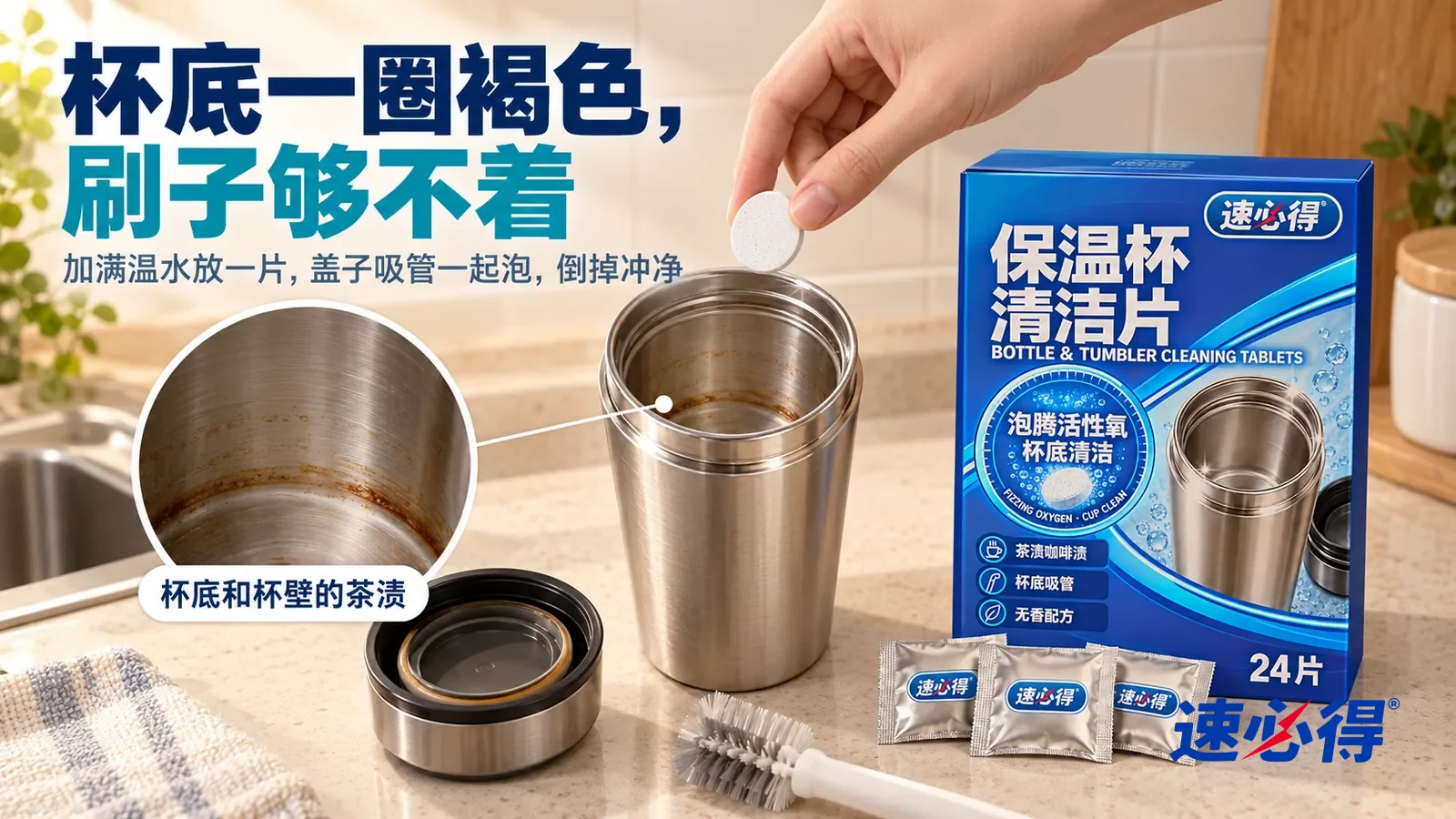 示意图:速必得保温杯清洁片——一个家常厨房台面,一只没有任何品牌标志的不锈钢保温杯打开着,杯盖放在一旁,侧光照进杯口,杯底和杯壁连接处一圈褐色茶渍,标题“杯底一圈褐色,刷子够不着”
