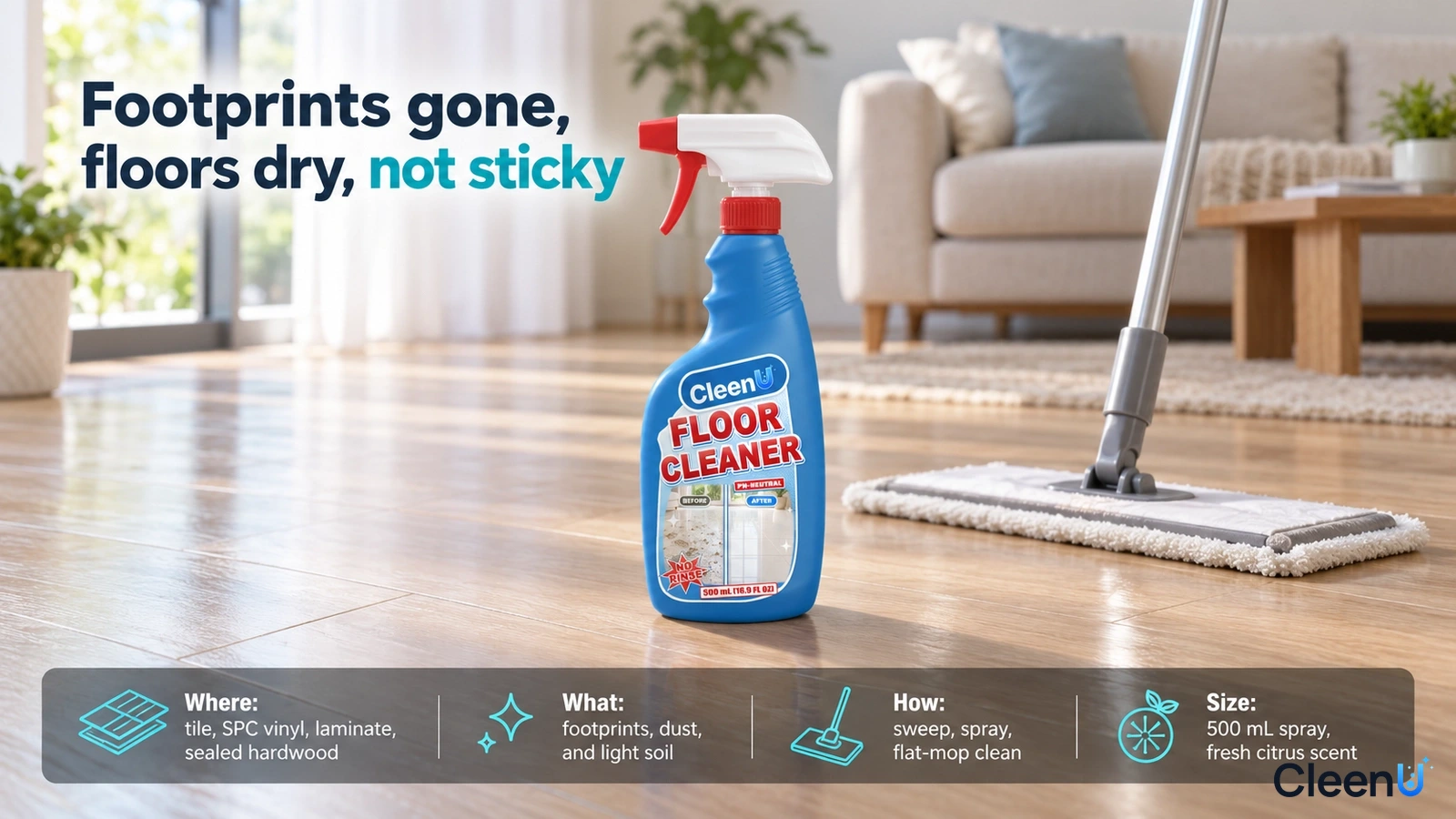 Illustration: A blue cleaner bottle and flat mop on a wood-look floor in front of a sofa.