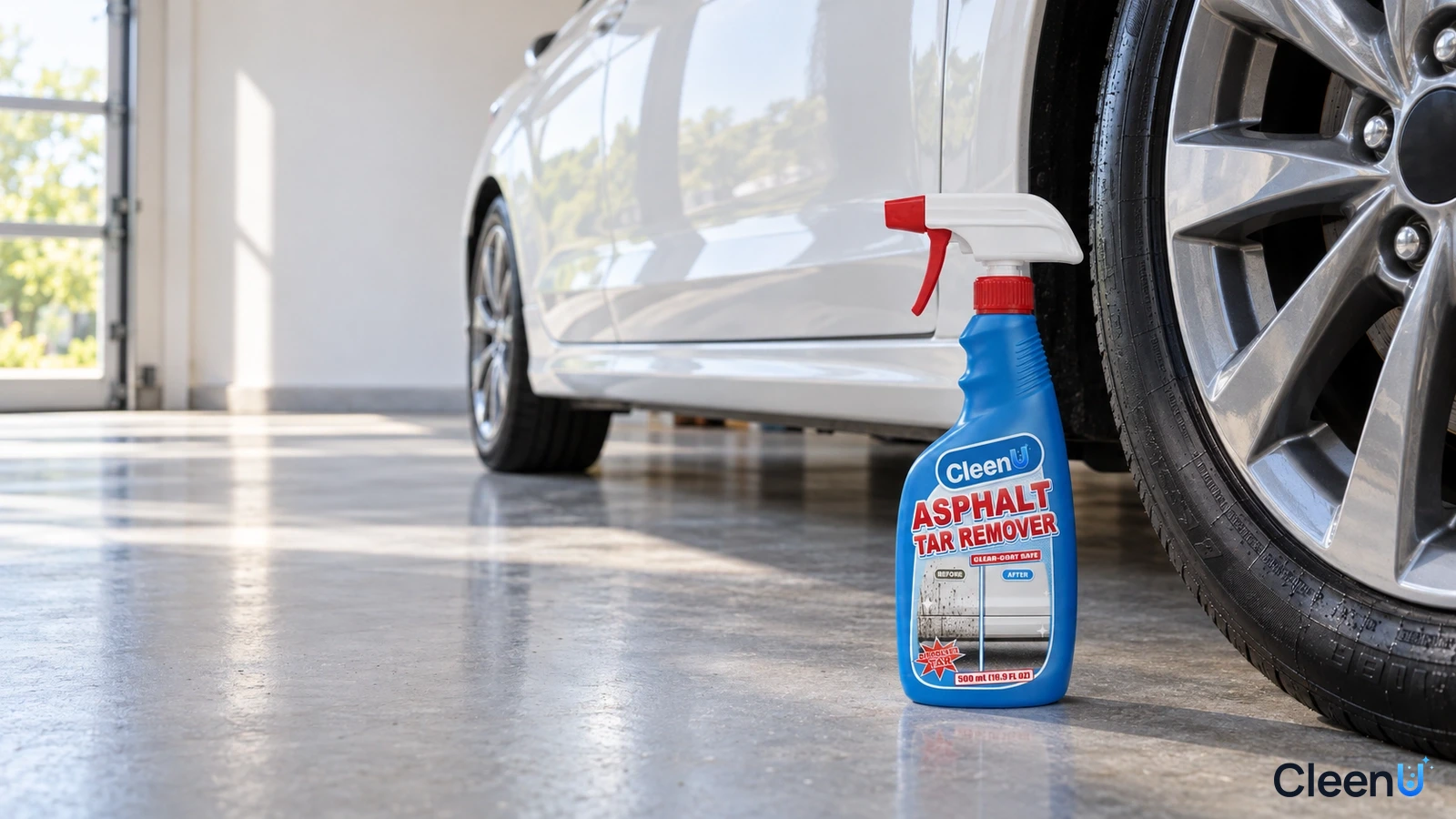 Illustrated blue tar remover bottle beside a white car in a bright garage.
