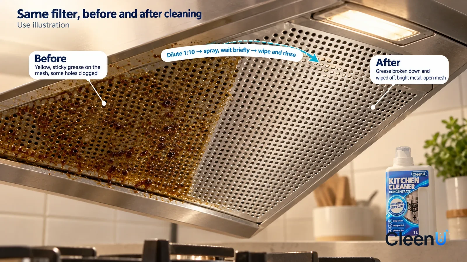 Illustration: CleenU Kitchen Cleaner Concentrate — A full-screen low-angle close-up of a range hood's metal grease filter in the same raking light: the untreated half is coated in yellowed