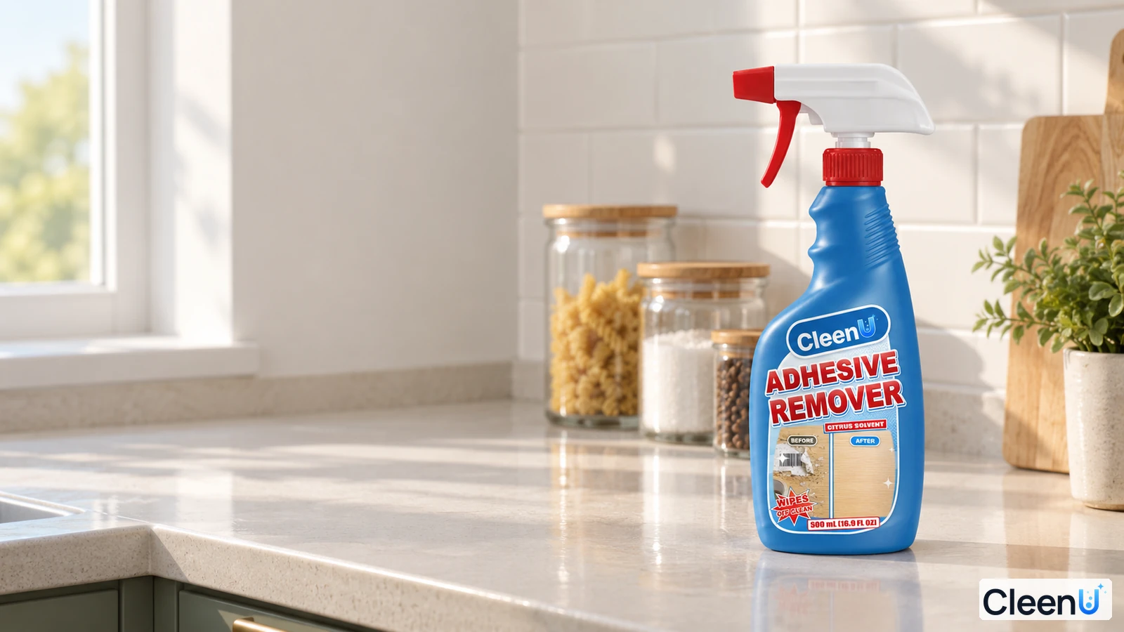 Illustration: A blue adhesive remover bottle on a kitchen counter near a window and storage jars.