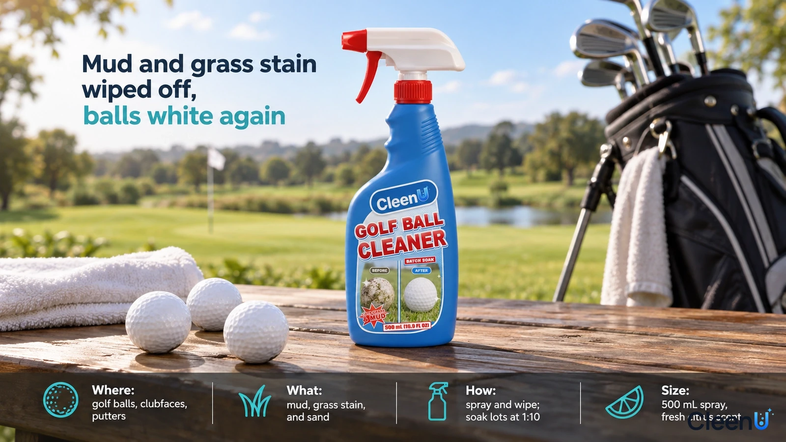 Illustration: A blue cleaner bottle, white golf balls and towel on a wooden table beside a golf course.