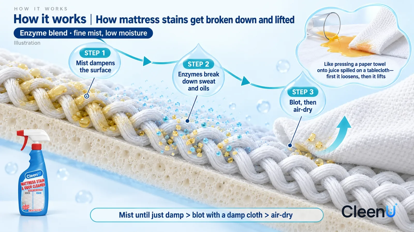 Illustration: CleenU Mattress Stain & Odor Cleaner — an enormously magnified lengthwise section of mattress fabric runs diagonally from upper left to lower right