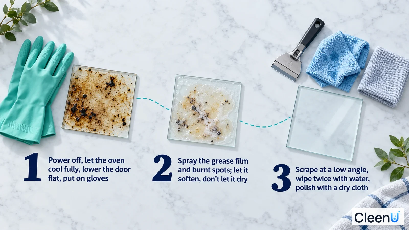 Illustration: Protective gloves, grease-covered glass samples, scraper and cloth with numbered steps.
