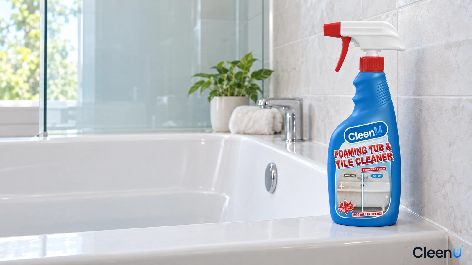Illustration: A blue cleaner bottle beside a white bathtub near a bathroom window.