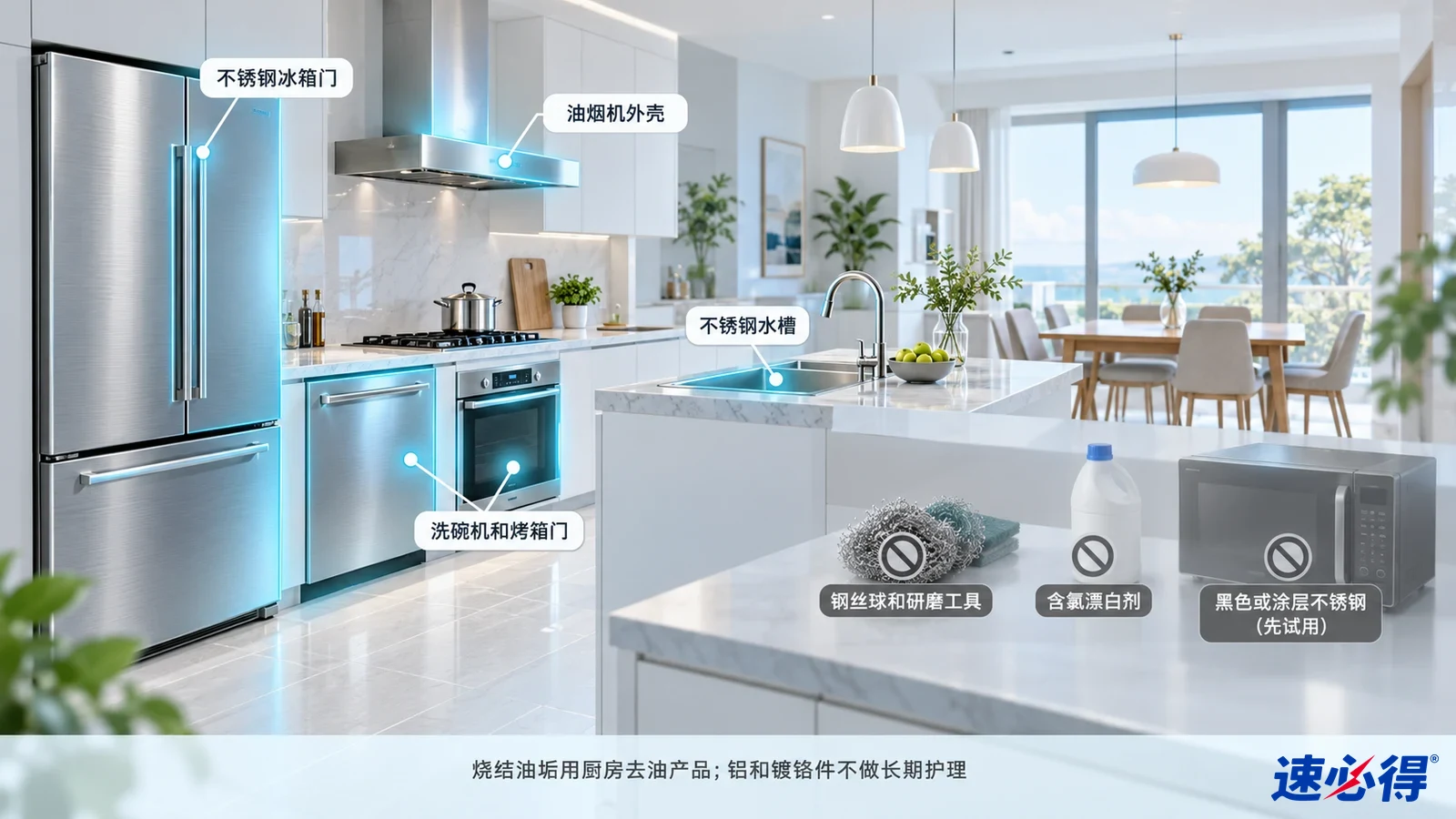 示意图：不锈钢冰箱、抽油烟机、水槽和厨电被突出显示，旁列材质注意事项。