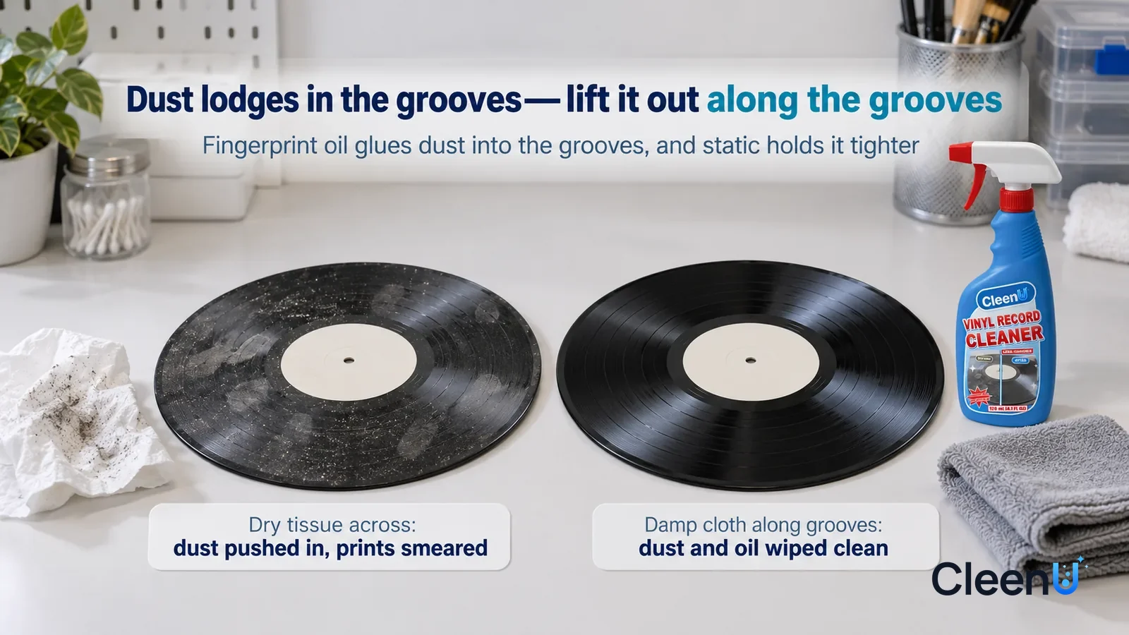 Illustration: CleenU Vinyl Record Cleaner — A landscape medium close-up of a small experiment in a cleaning lab: two identical vinyl records lie flat side by side on a white test bench Headline: "Dust