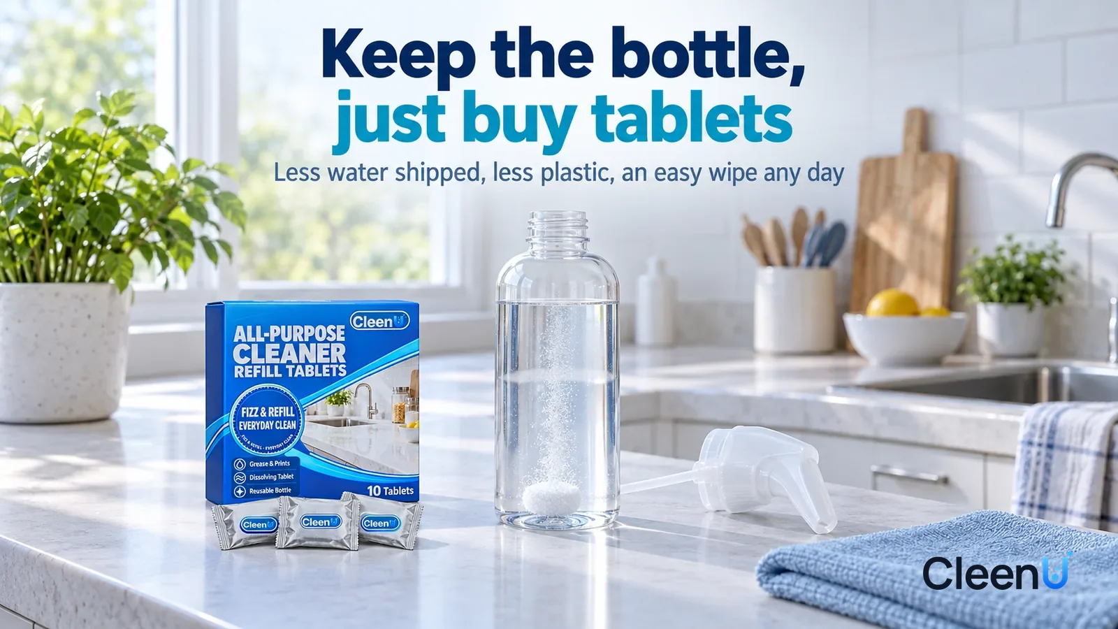 Illustration: CleenU All-Purpose Cleaner Refill Tablets — A bright early-morning kitchen, the white countertop clean and tidy, a folded pale-blue microfiber cloth at the counter's edge Headline: "Keep