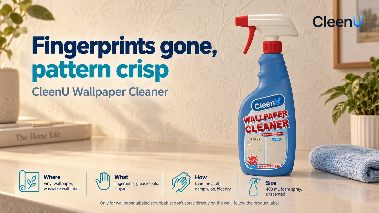 Illustration: CleenU Wallpaper Cleaner stands in the right third of the frame on the living-room console, a folded pale blue soft cloth beside it Headline: "Fingerprints gone, pattern crisp"