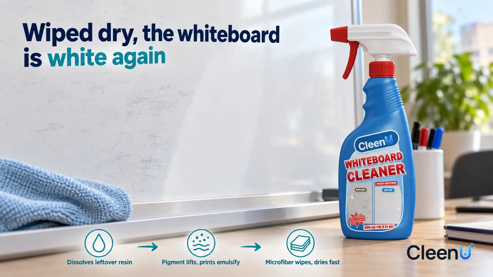 Illustration: CleenU Whiteboard Cleaner — a pale blue microfiber cloth has just wiped one stripe, the wiped area white and smooth