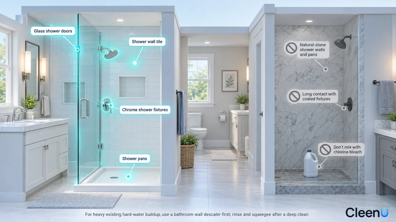 Illustration: Highlighted shower glass, tiles and tray beside material and component precautions.