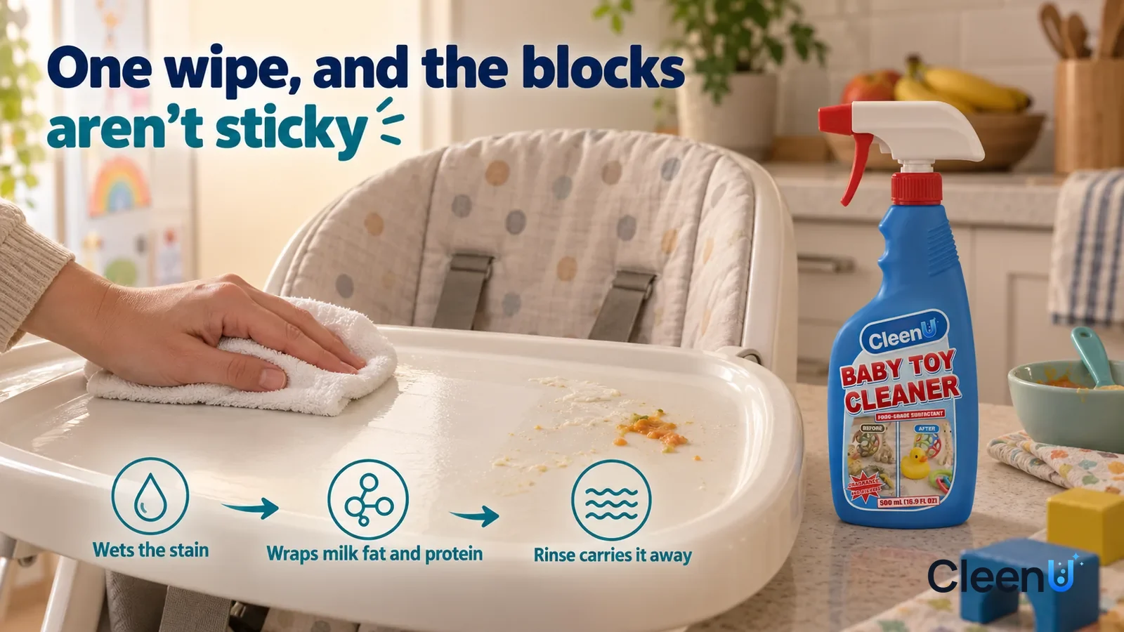 Illustration: CleenU Baby Toy Cleaner — A child's high chair (no brand marks) in a corner of the kitchen, a low close-up of its white plastic tray: one hand holds a white soft clot
