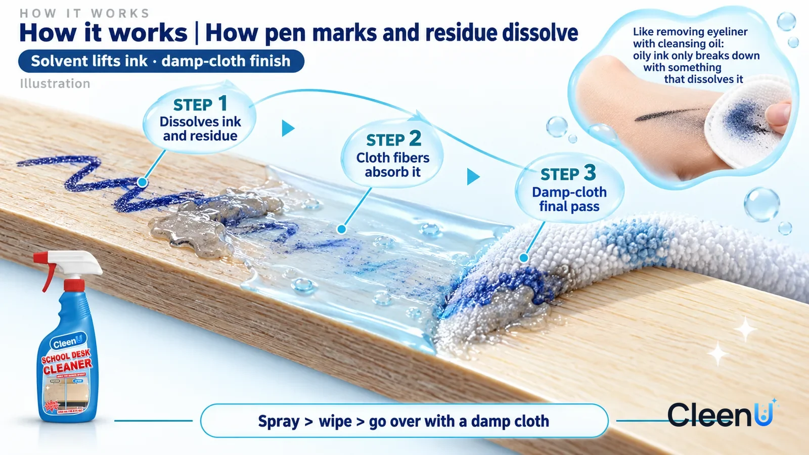 Illustration: CleenU School Desk Cleaner — an enormously magnified slice of light wood-grain laminate runs diagonally from upper left to lower right; on the left a blue ballpoint ink