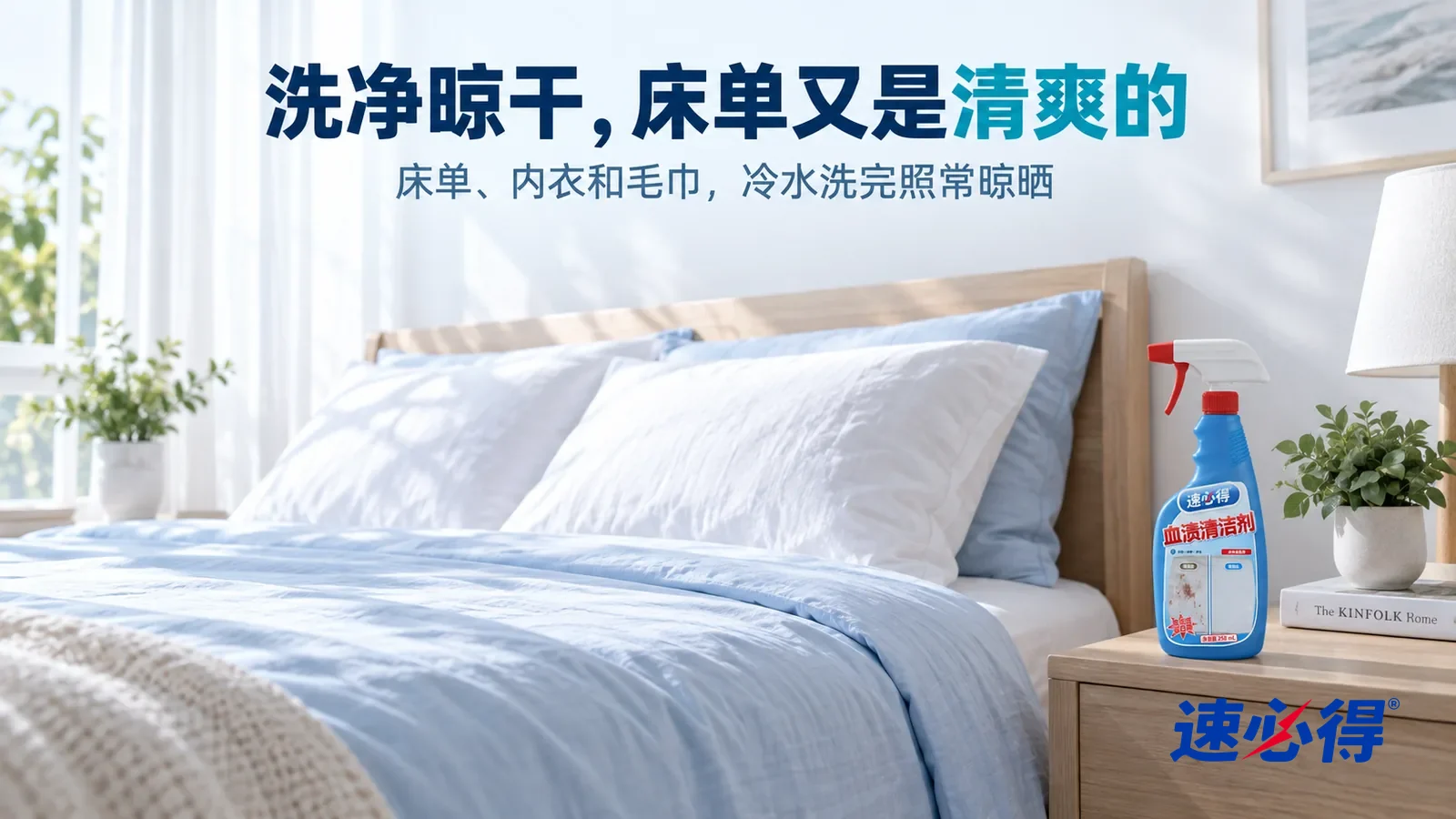 示意图：速必得血渍清洁剂——清晨明亮的卧室，一张铺好浅色纯棉床单和枕套的床，床品平整洁净，柔和晨光从窗户斜照进来，窗边挂着薄纱帘，标题“洗净晾干，床单又是清爽的”