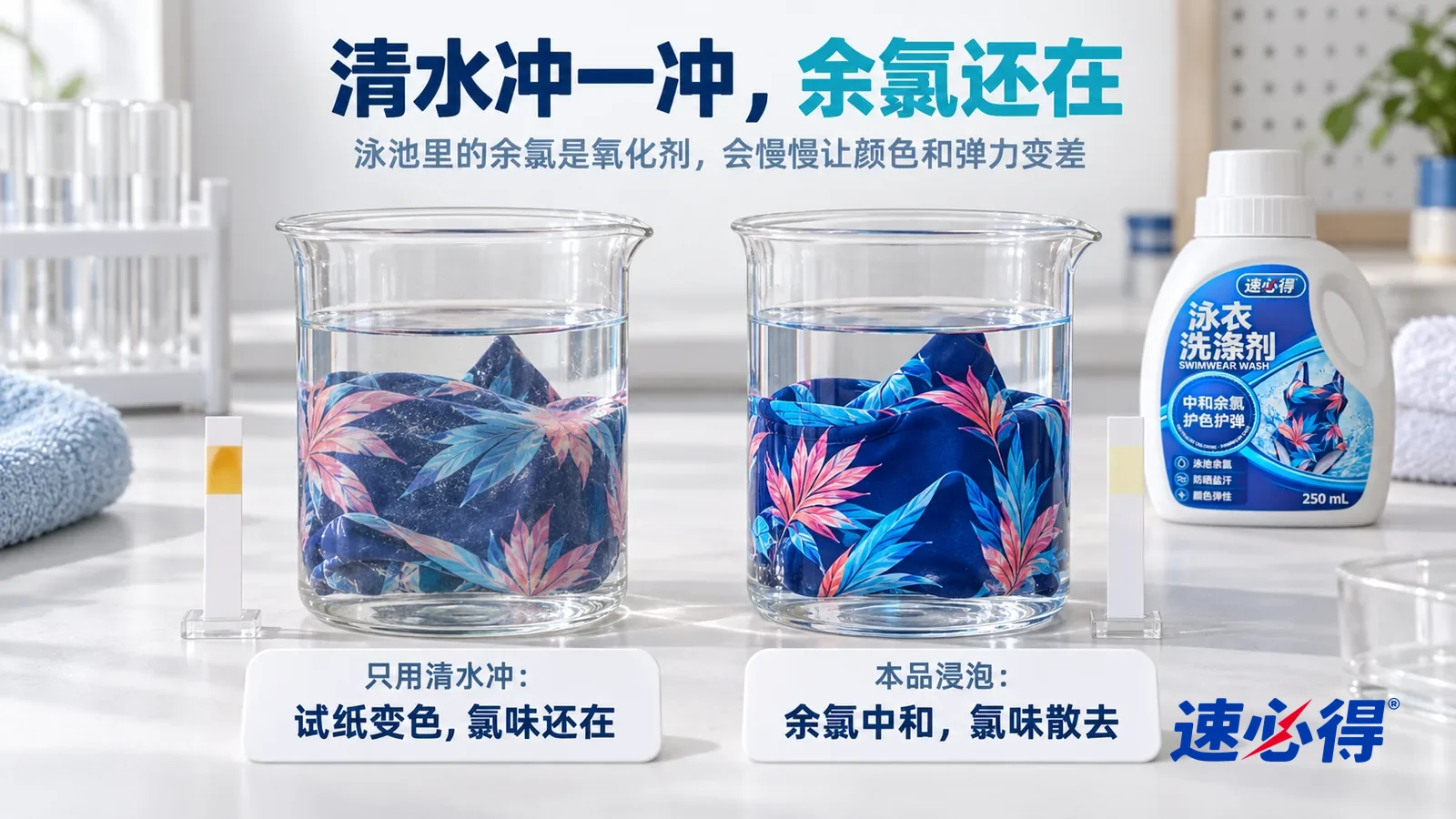 示意图：速必得泳衣洗涤剂——白色测试台上并排放着两只同样的透明玻璃烧杯，各泡着一块同样的深蓝印花泳衣面料，标题“清水冲一冲，余氯还在”