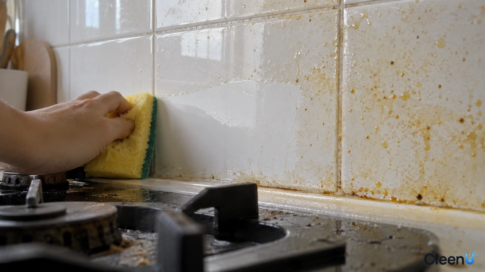 Illustration: A hand wiping greasy backsplash tiles with a yellow-green sponge.