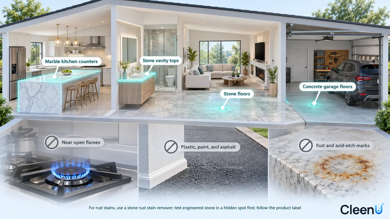 Illustration: Highlighted stone counters, vanity, floors and garage areas beside material precautions.