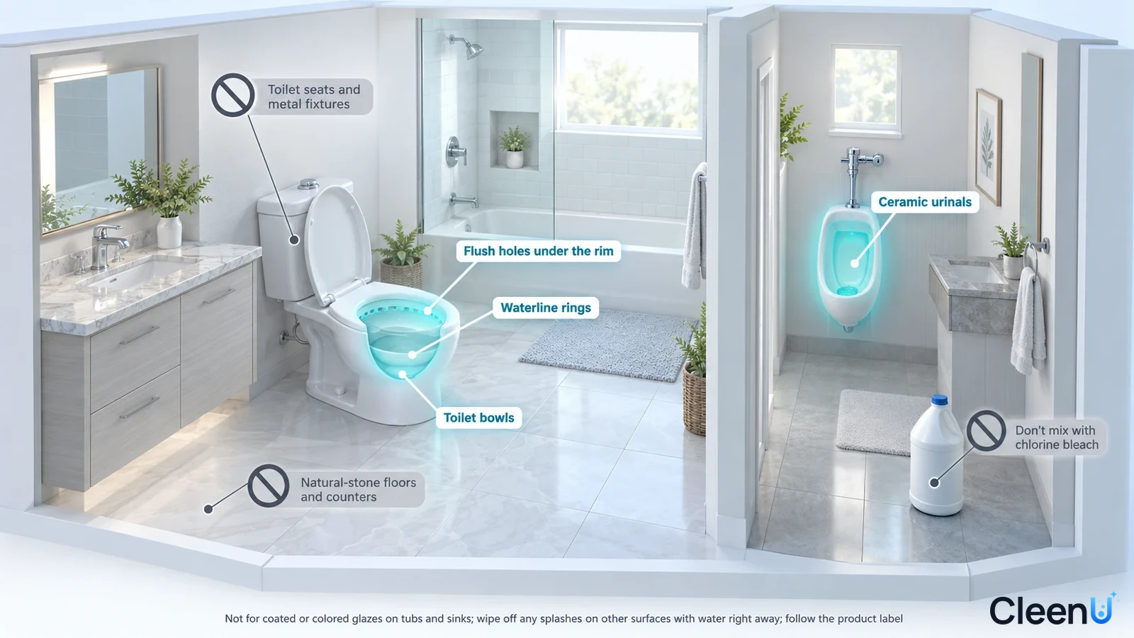 Illustration: Highlighted toilet-bowl areas beside bathroom material and equipment precautions.