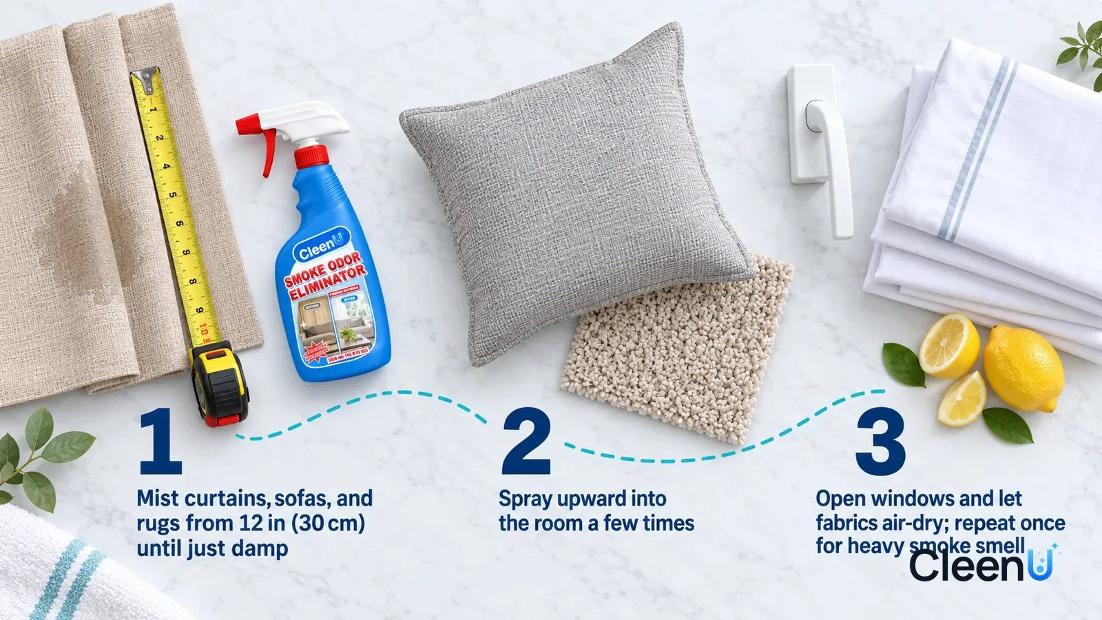 Illustration: CleenU Smoke Odor Eliminator — an overhead shot straight down onto a light marble tabletop, no hands: (1) a beige curtain swatch with a small
