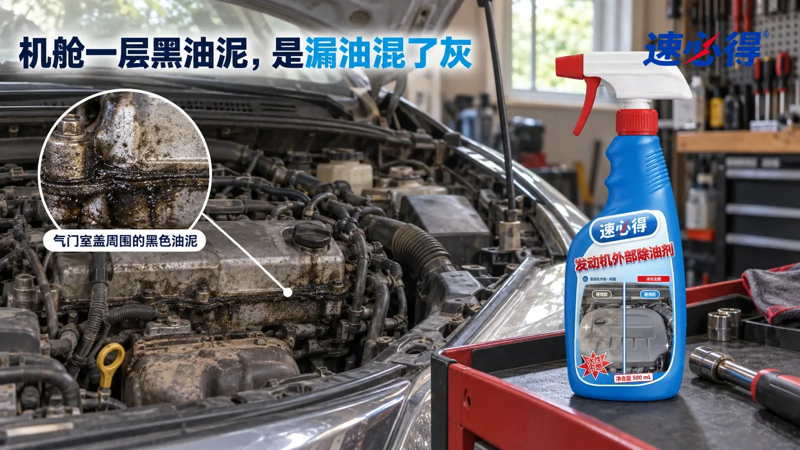 示意图：速必得发动机外部除油剂——家里车库，一辆熄火停好的家用轿车（无车标、无车牌号码）引擎盖撑开，侧光斜照下发动机舱里气门室盖周围