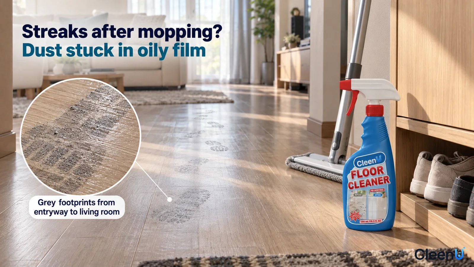 Illustration: Gray footprints on a wood-look floor beside a flat mop and blue cleaner bottle.