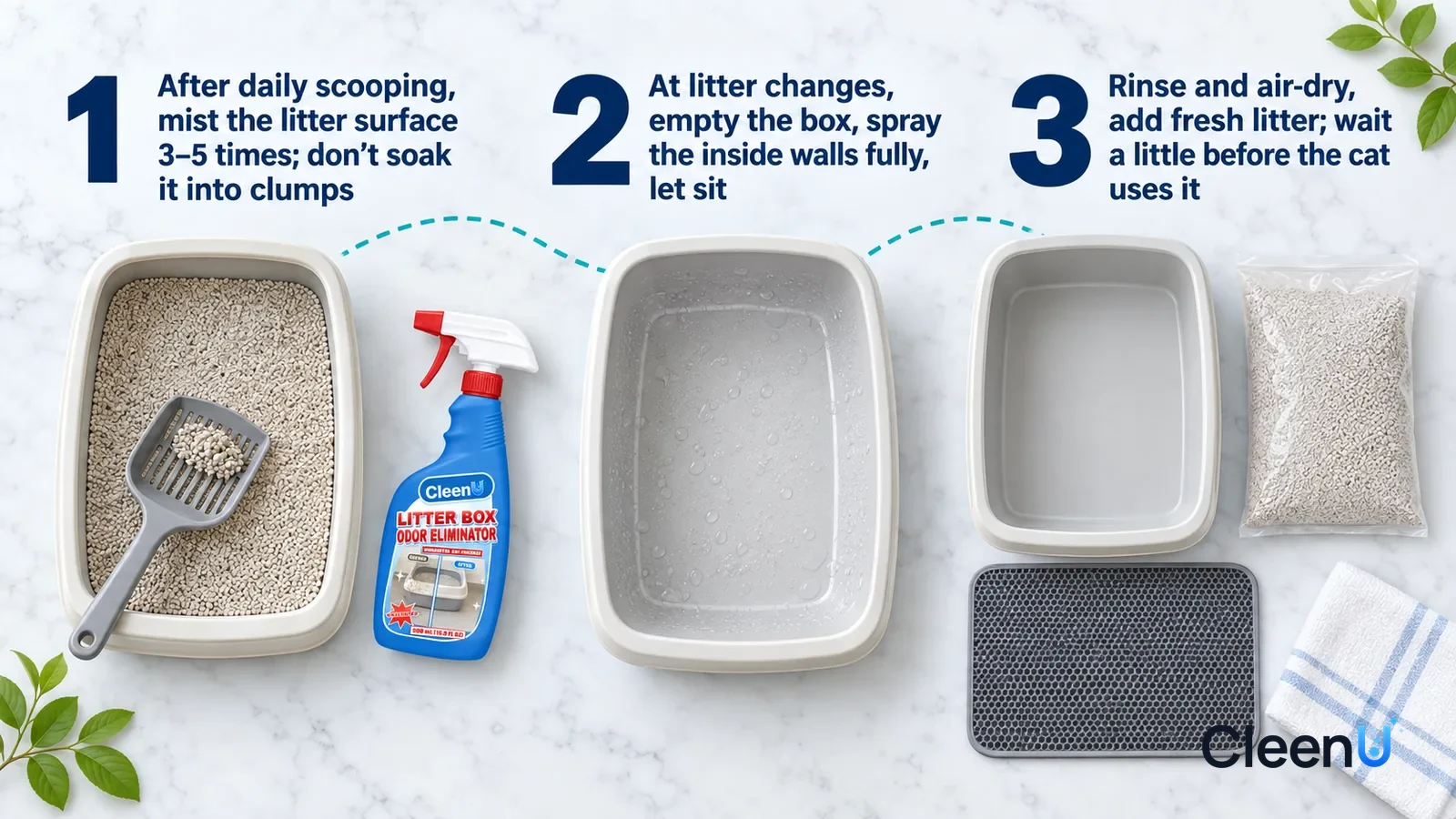 Illustration: CleenU Litter Box Odor Eliminator — an overhead shot straight down onto a light marble tabletop, no hands: (1) a litter scoop and part of a litter box with a smooth