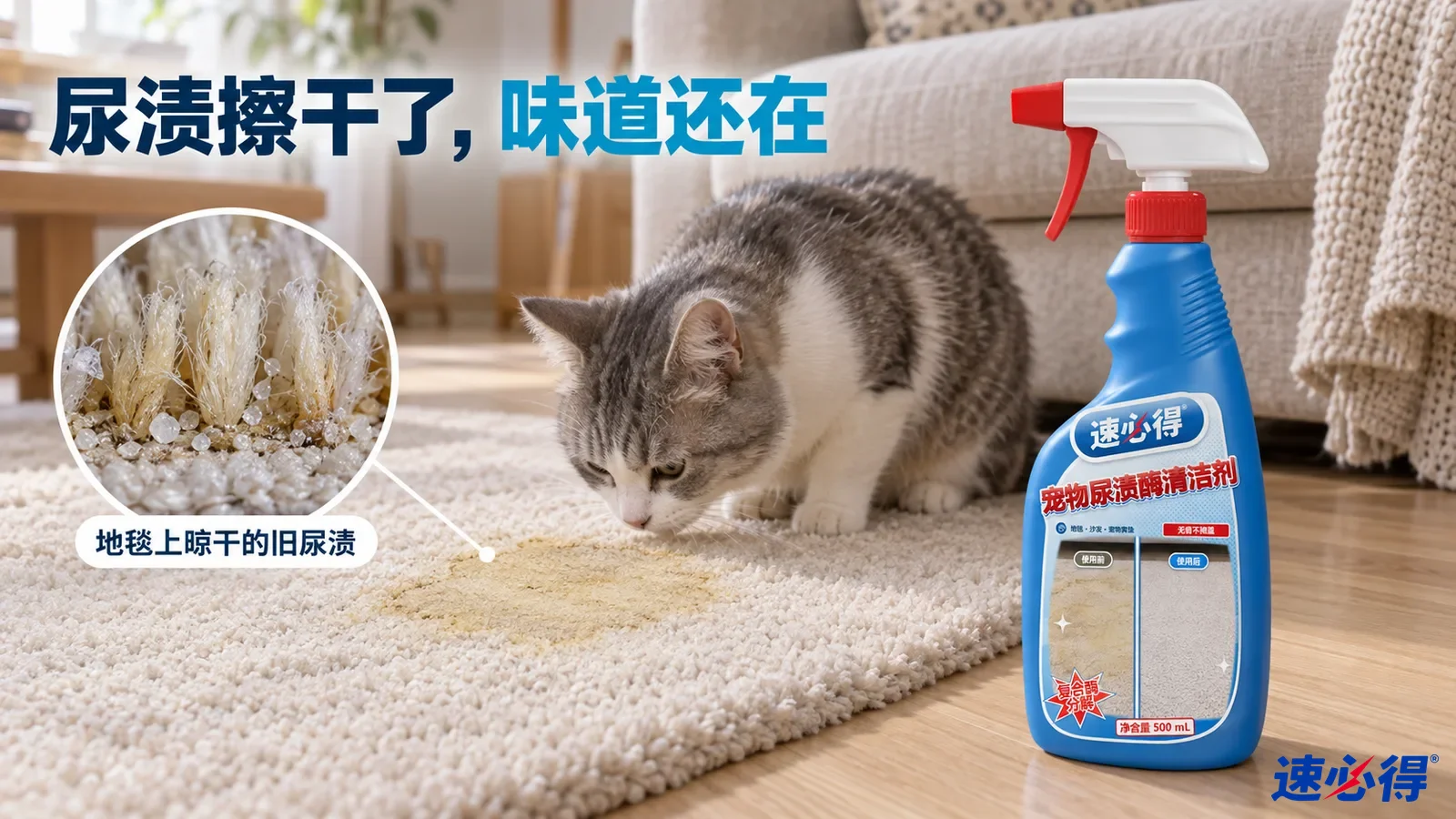 示意图：猫旁浅色地毯上的黄色污迹、蓝色喷瓶和纤维污迹放大图。