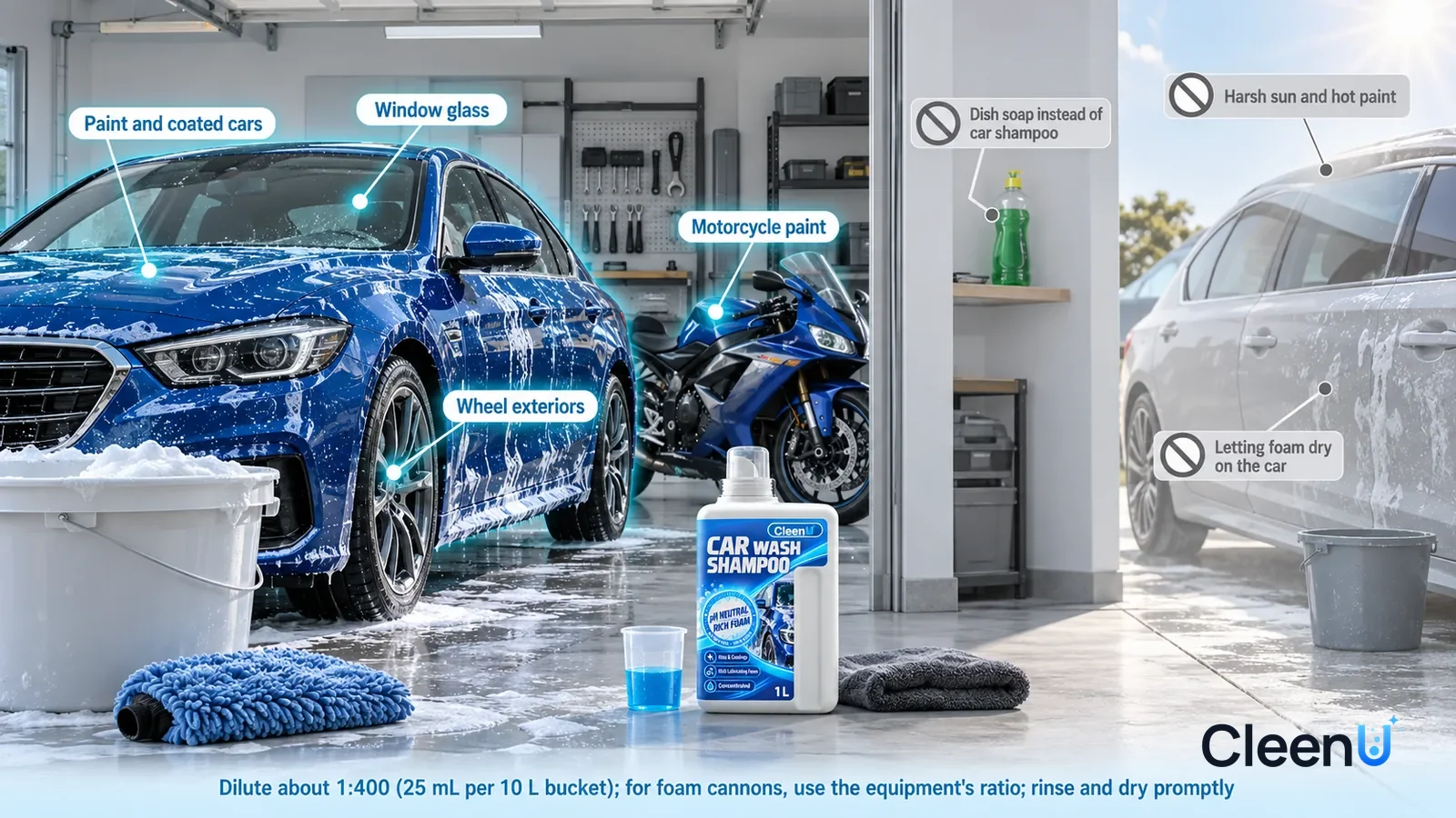 Illustration: CleenU Car Wash Shampoo — A realistic 3D cutaway of a bright home's garage and front driveway, one continuous space from one viewpoint, body paint, window glass